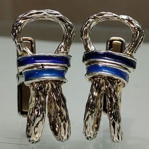 Vintage Rare Sterling Silver Rope Knot Cotter Pin Enamel Cufflinks by Swank
